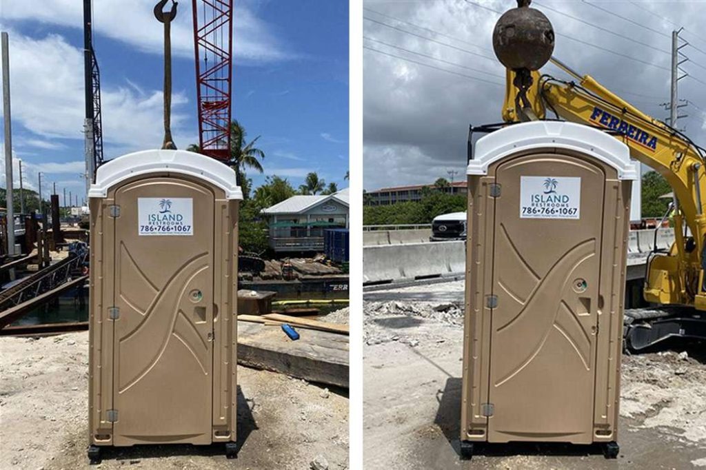 High rise crane lifted porta potty on a Florida construction site
